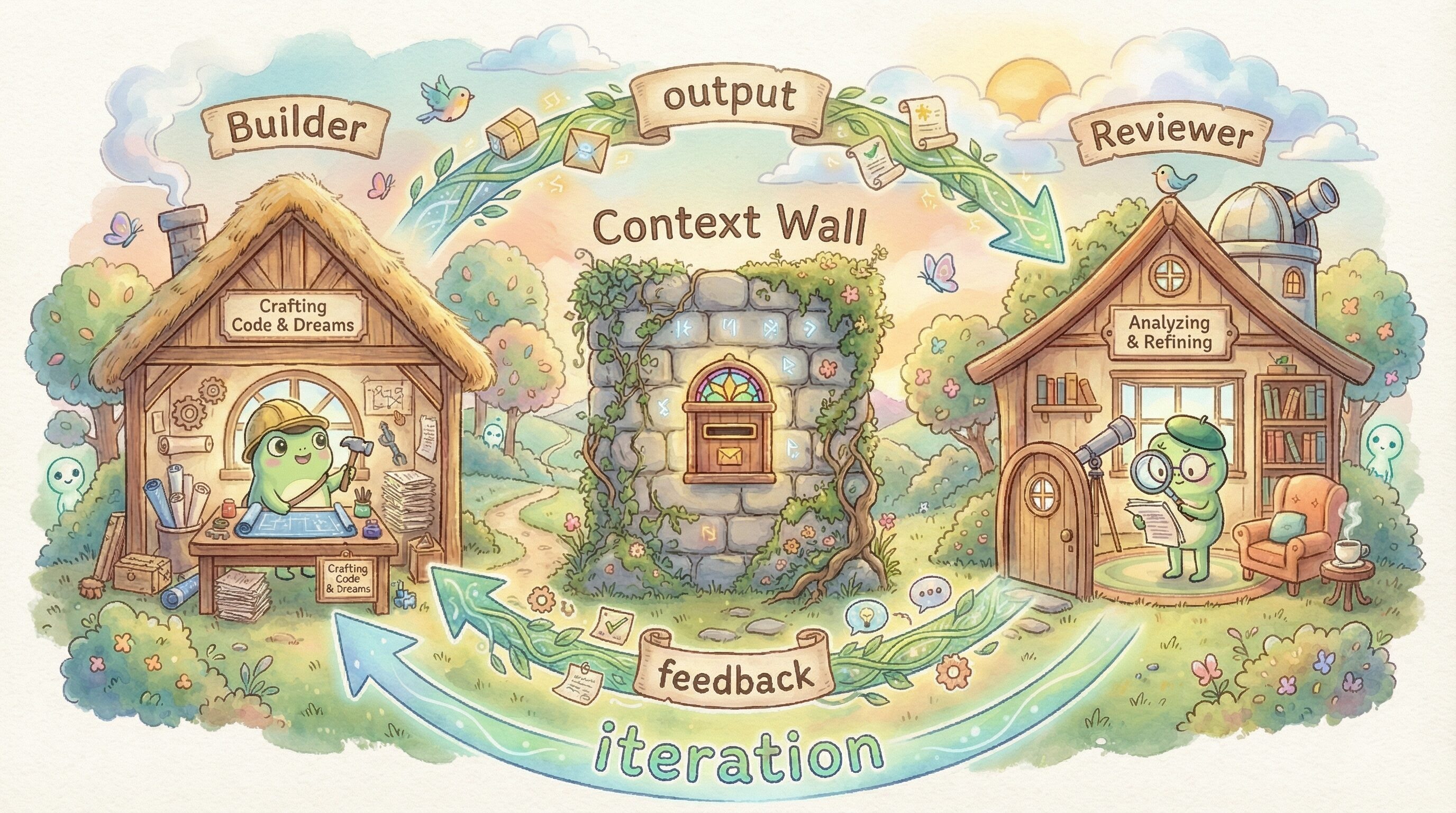 A builder frog and a reviewer frog working on either side of a context wall — output flows forward, feedback flows back, and the loop iterates