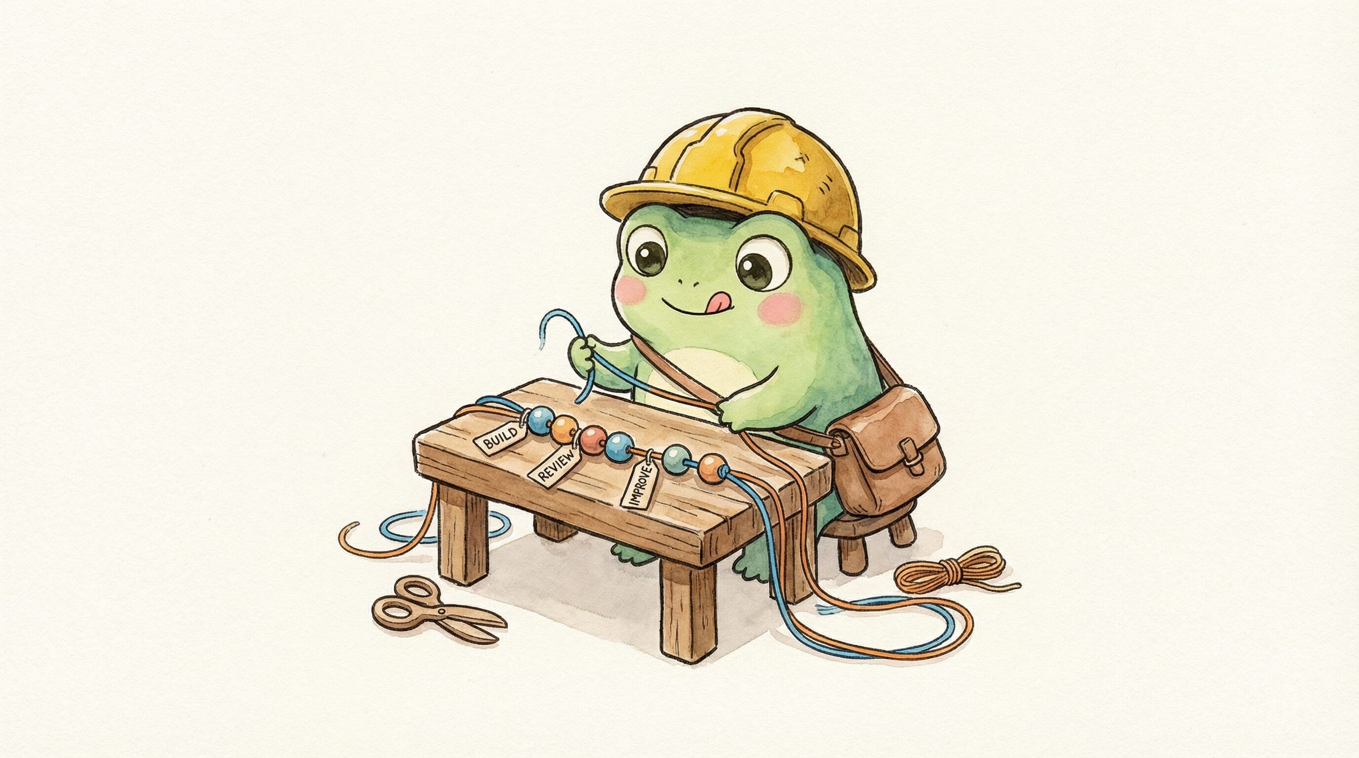 A frog in a hard hat threading beads labeled Build, Review, Improve onto a string at a workbench