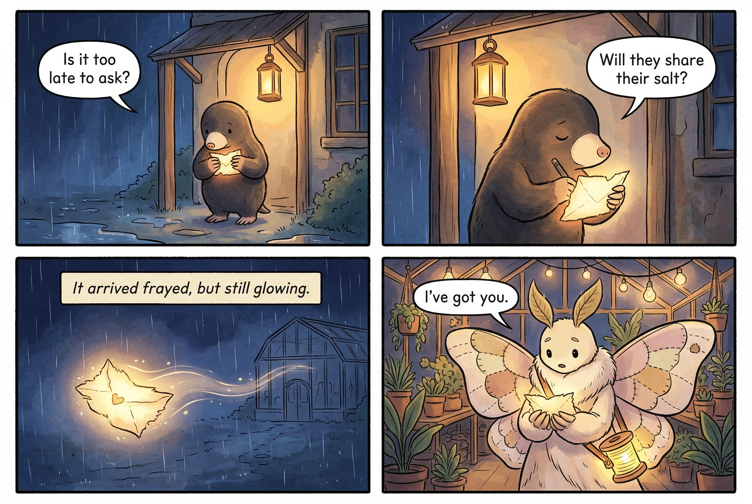 Panel 3 improving across three attempts — composition tightens, text cleans up, character consistency improves