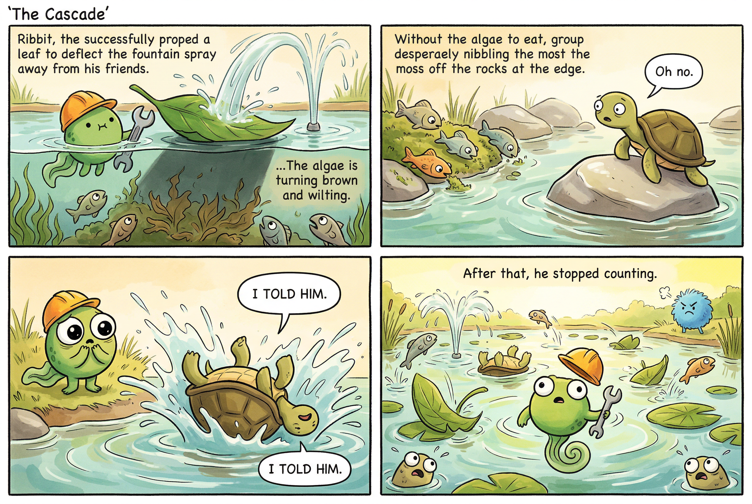 Panel 5, iteration 1 — text leaks, duplicated speech bubbles, garbled captions