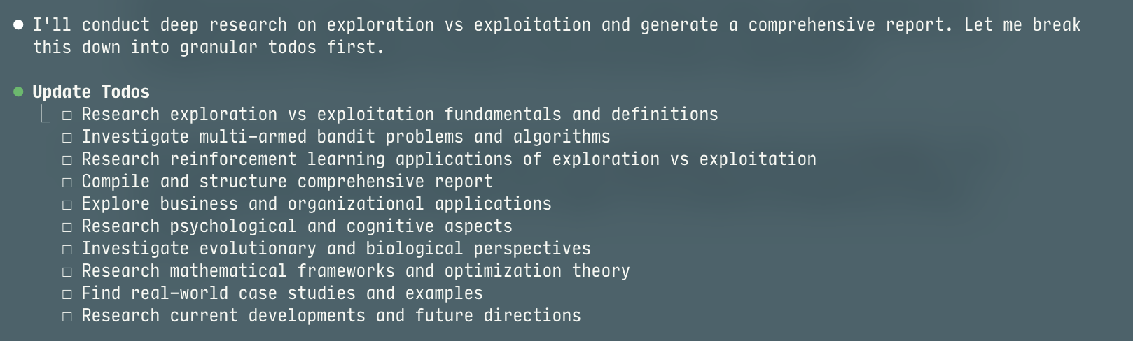 Screenshot of Claude Code breaking down a research task into traditional sequential TODO items, demonstrating the linear approach most agents take