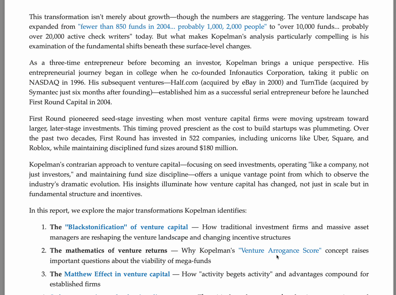 Animated preview of the final research report scrolling through formatted sections with citations, headings, and comprehensive venture capital analysis from the Josh Kopelman podcast