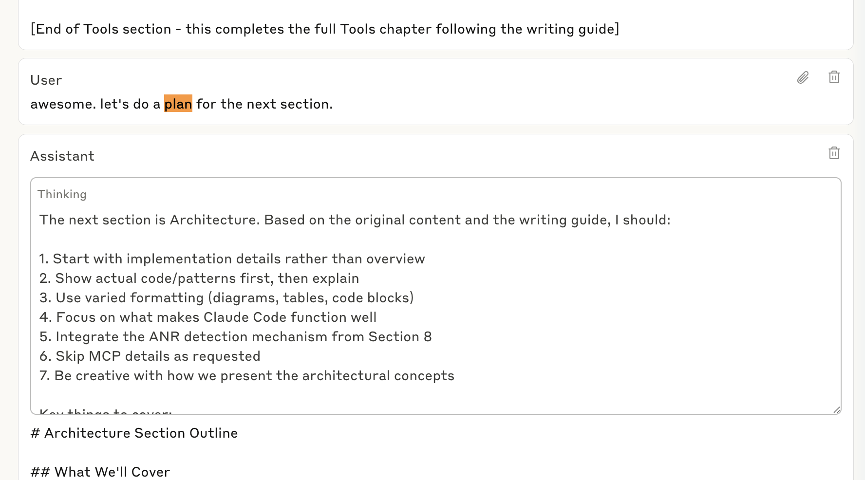 Opus 4 in Claude Code displaying its thinking process with a detailed numbered plan for writing the Architecture section - showing explicit planning steps for implementation details, code patterns, and formatting strategy before beginning to write