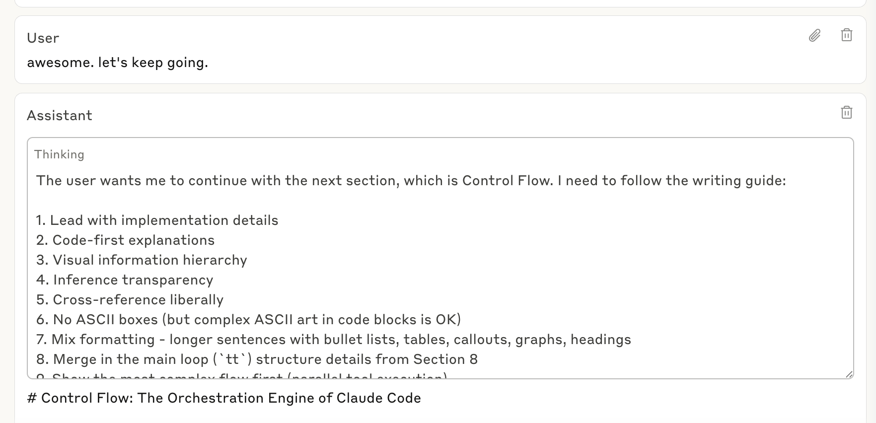Claude Code conversation showing minimal user input of "awesome. let's keep going." followed by Opus 4's detailed internal thinking process about applying the established writing guide to the next section - demonstrating how the model maintains consistency after initial pattern establishment