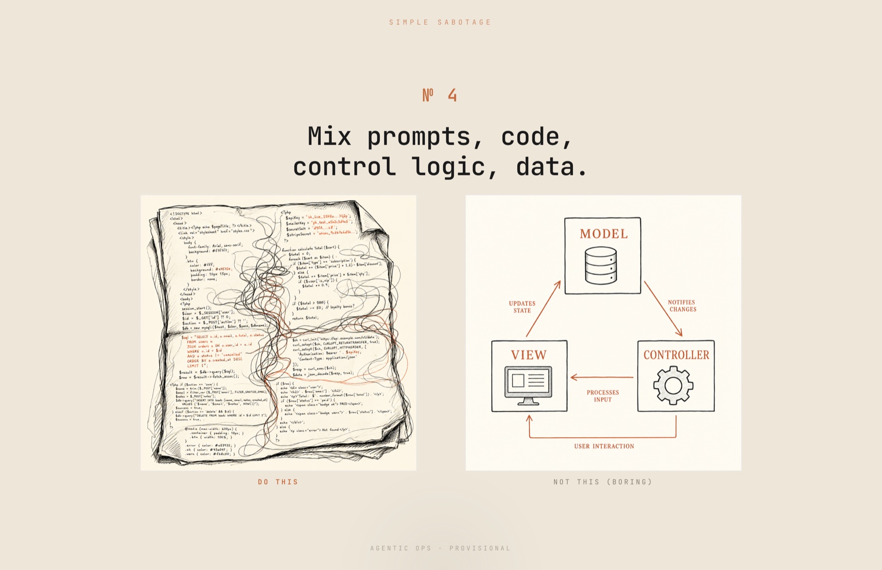 Slide: "№ 4 — Mix prompts, code, control logic, data." On the left, labelled "DO THIS", a hand-drawn page of tangled PHP-soup with threads running everywhere. On the right, labelled "NOT THIS (BORING)", a tidy Model–View–Controller diagram.