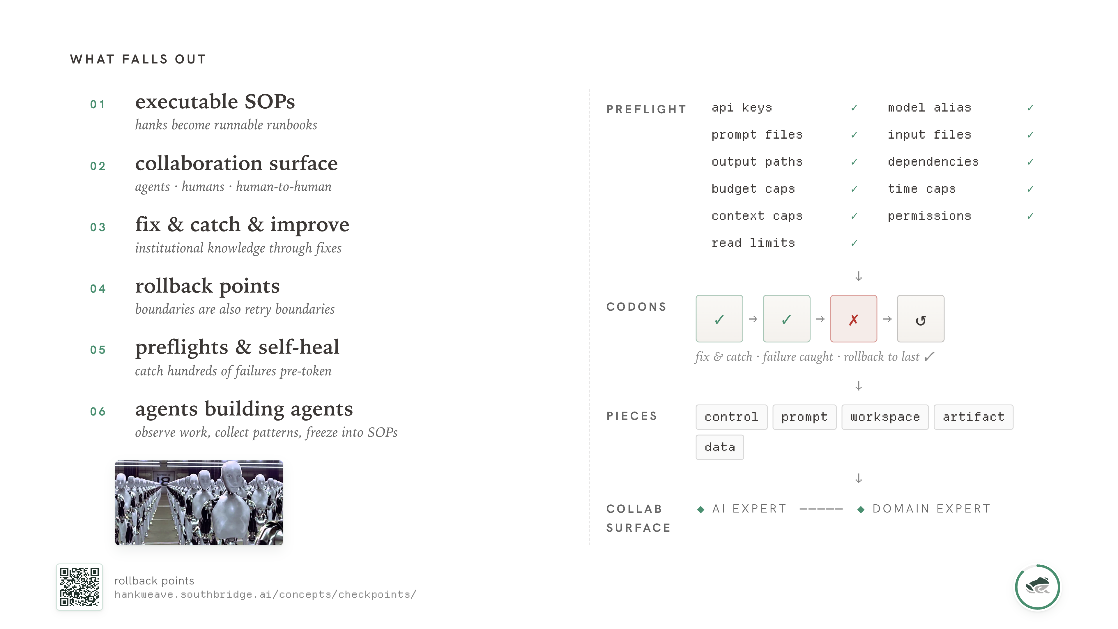 The closing tile of the benefits slide: "agents building agents". Subtitle: observe work, collect patterns, freeze into SOPs. The image underneath is a still from I, Robot.