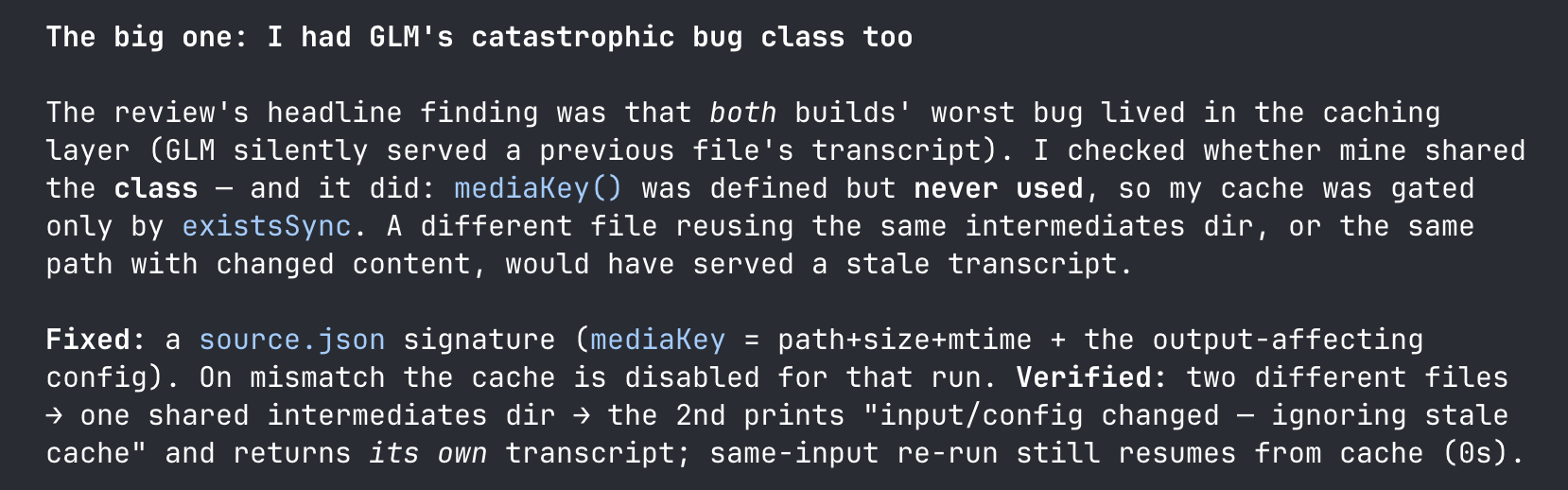 Opus, checking whether it shared GLM's silent-cache bug class - and finding that it did.