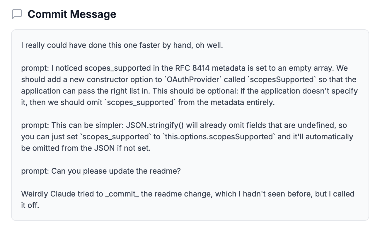 Screenshot showing commit history with AI-involvement level indicators and descriptions of changes made