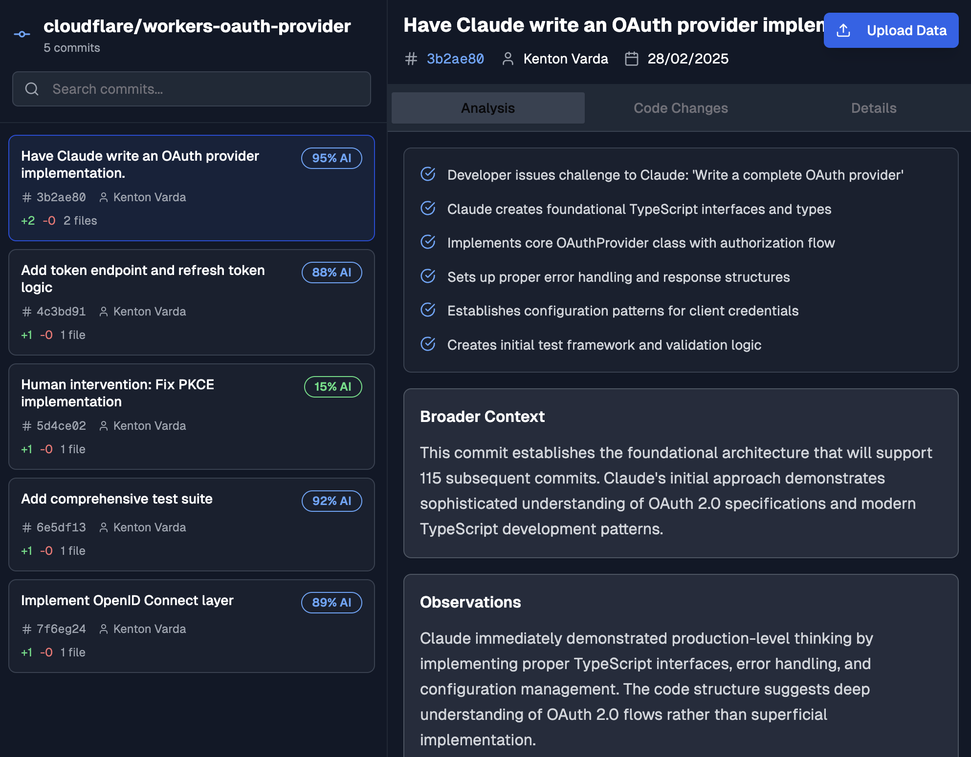 Screenshot of v0.dev generated frontend for commit visualization - clean interface with commit list, code diff viewer, and analysis panel showing functional and decent design